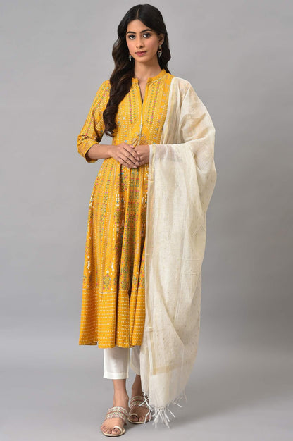 Mustard Yellow Kalidar Printed Dress With White Slim Pants And Chanderi Dupatta - wforwoman