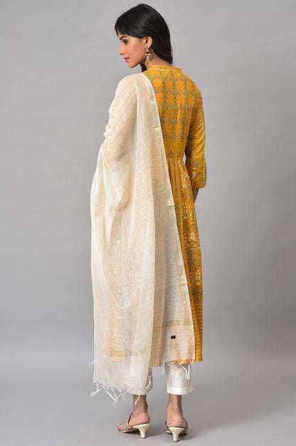 Mustard Yellow Kalidar Printed Dress With White Slim Pants And Chanderi Dupatta - wforwoman