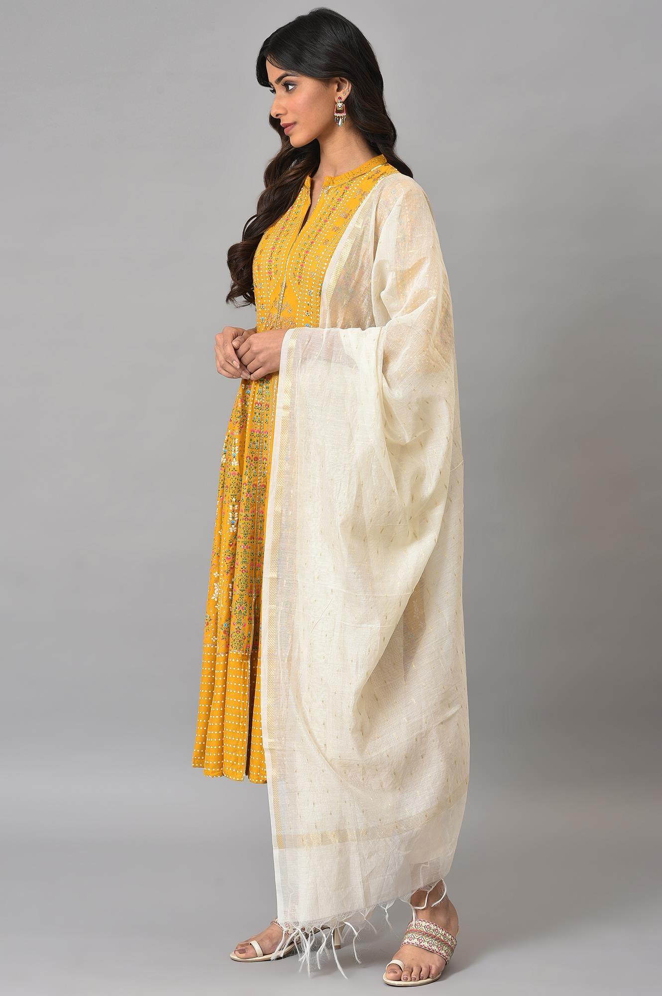 Mustard Yellow Kalidar Printed Dress With White Slim Pants And Chanderi Dupatta - wforwoman