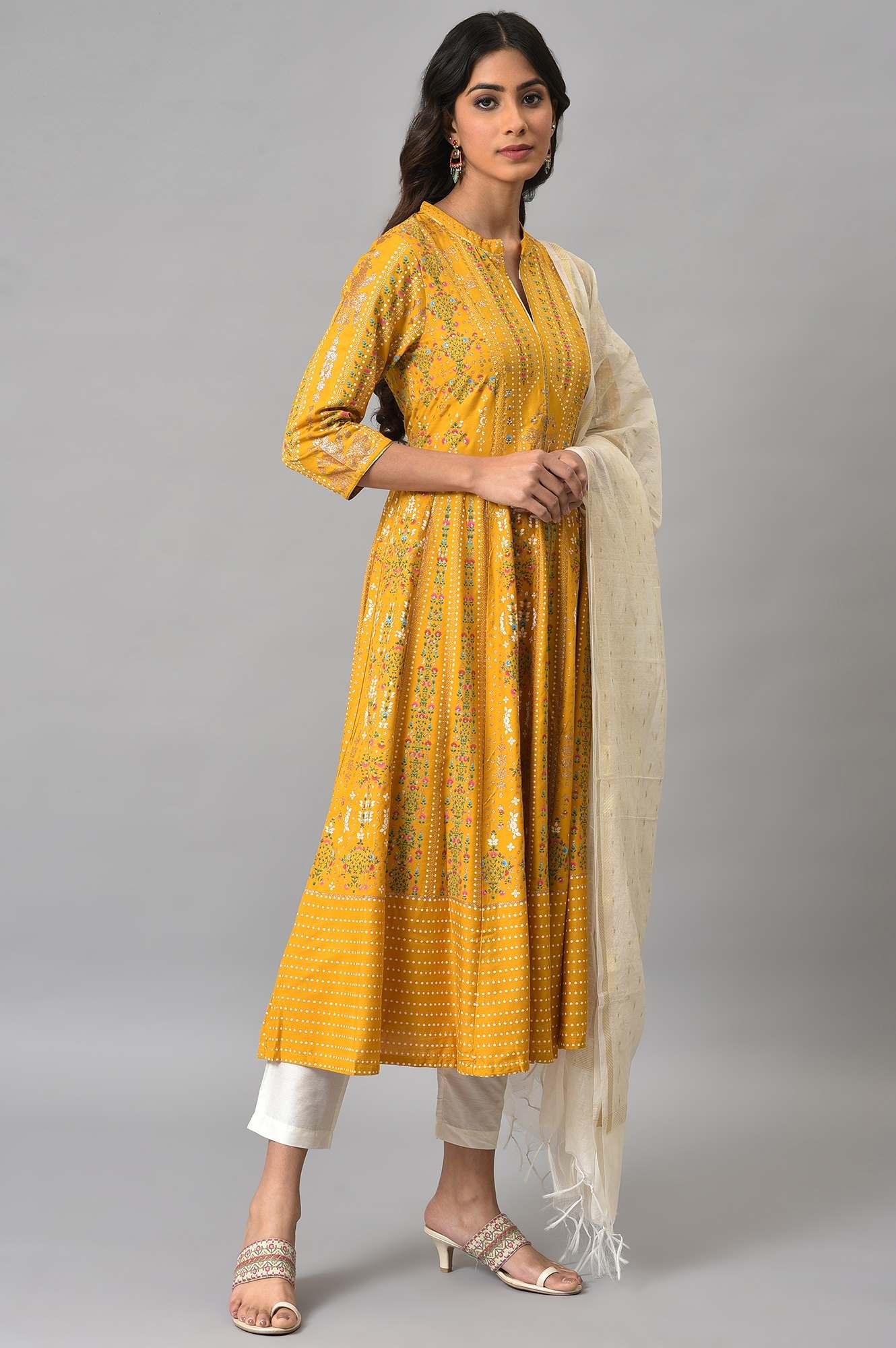 Mustard Yellow Kalidar Printed Dress With White Slim Pants And Chanderi Dupatta - wforwoman