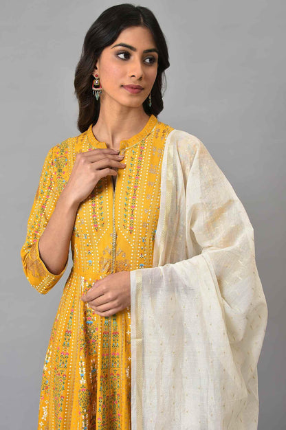 Mustard Yellow Kalidar Printed Dress With White Slim Pants And Chanderi Dupatta - wforwoman