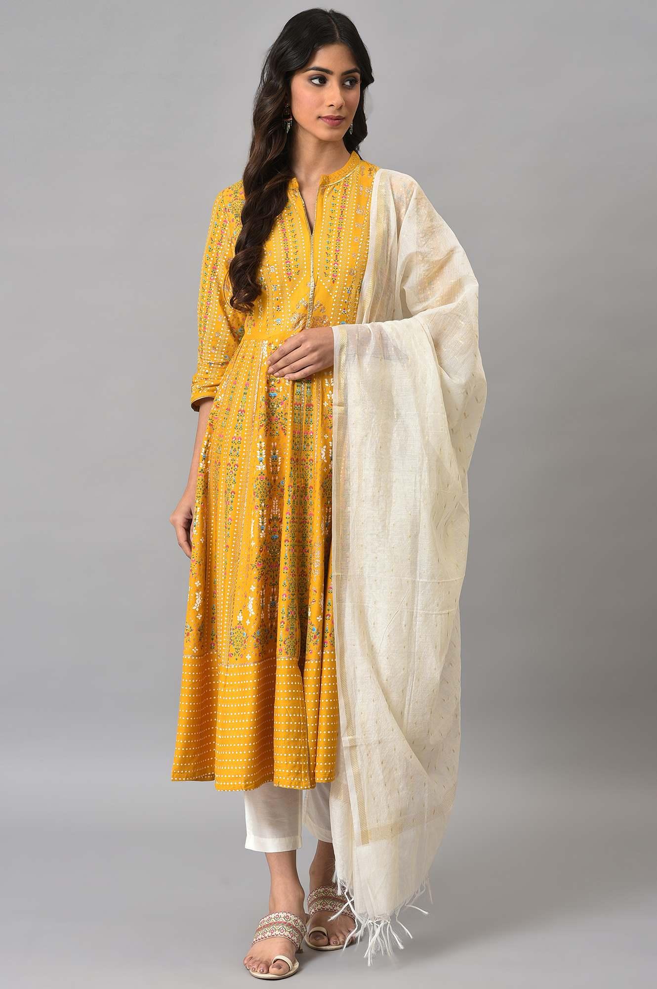 Mustard Yellow Kalidar Printed Dress With White Slim Pants And Chanderi Dupatta - wforwoman