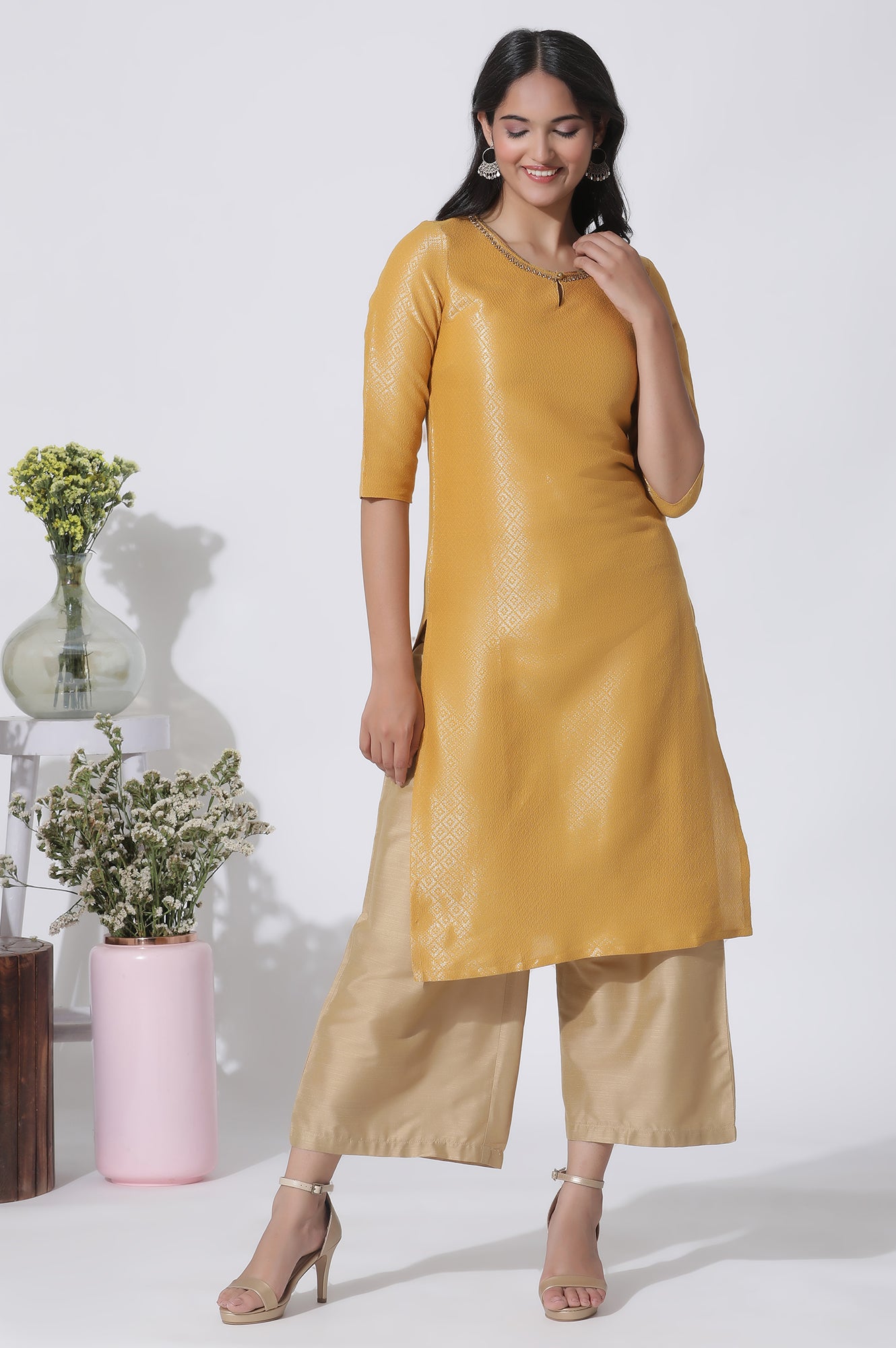 Yellow Cotton Zari Embellished Kurta And Parallel Pants Set