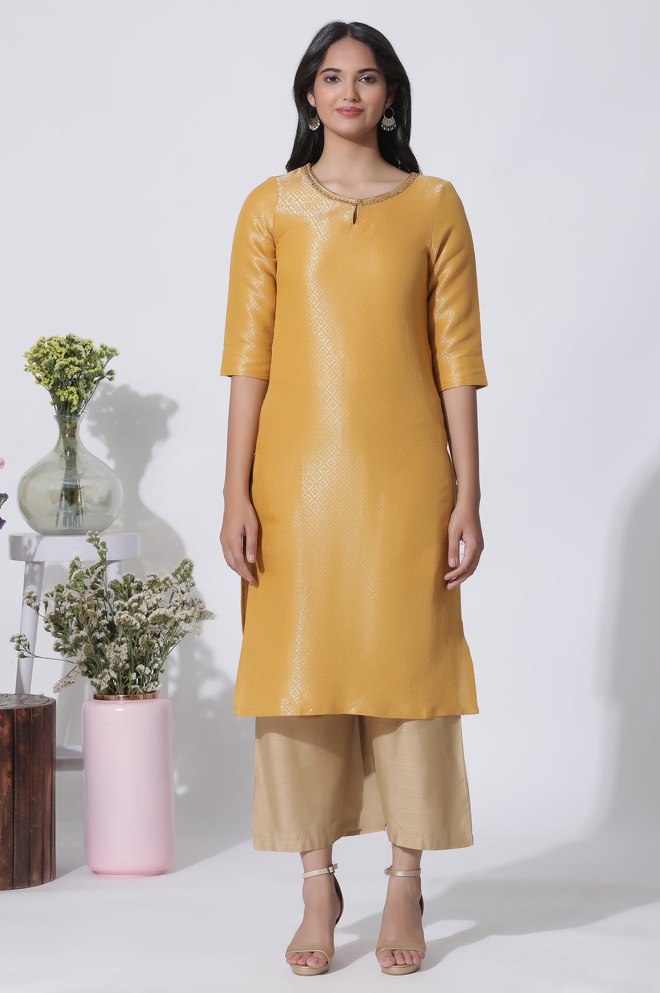 Yellow Cotton Zari Embellished Kurta And Parallel Pants Set