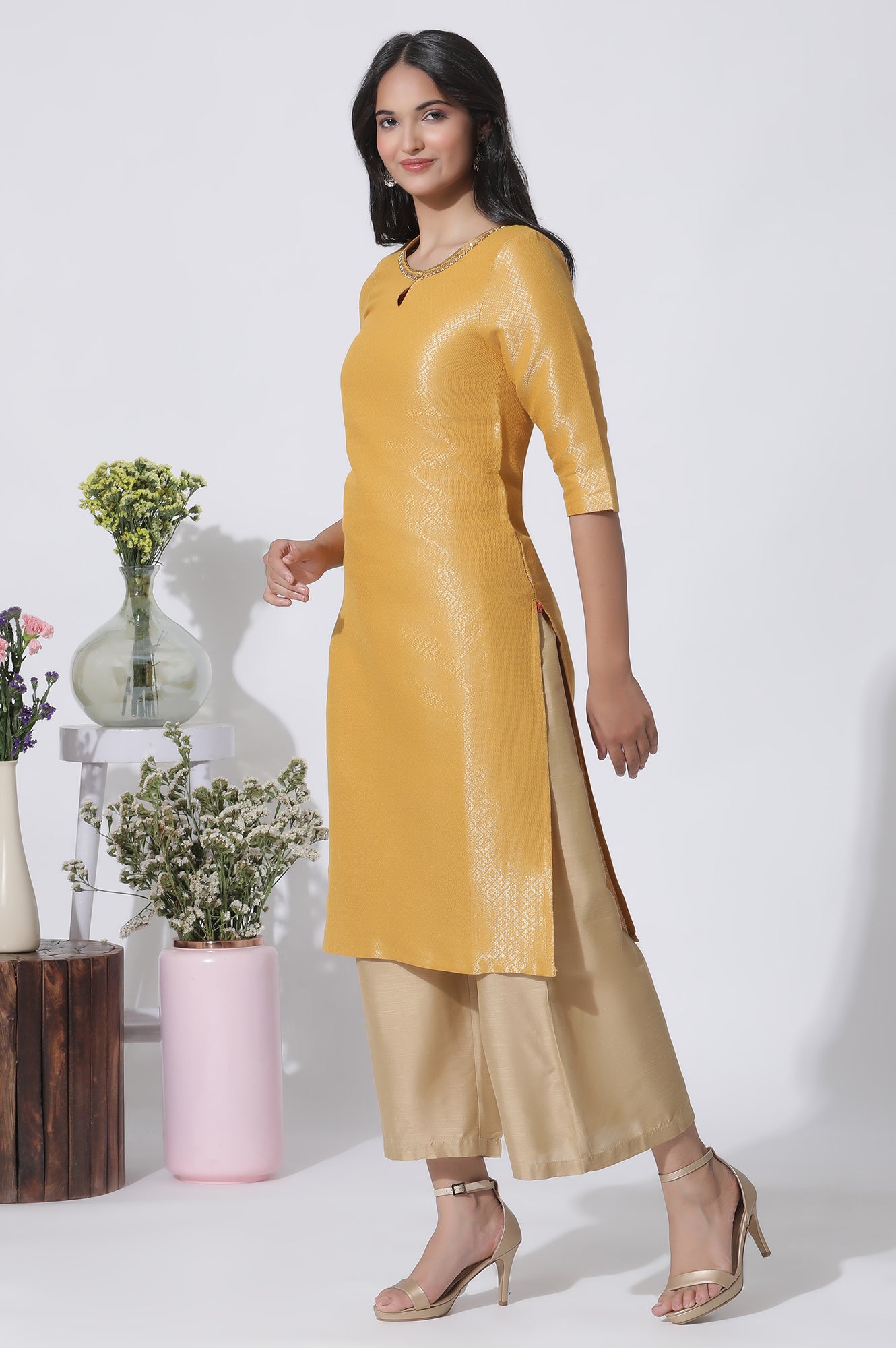 Yellow Cotton Zari Embellished Kurta And Parallel Pants Set