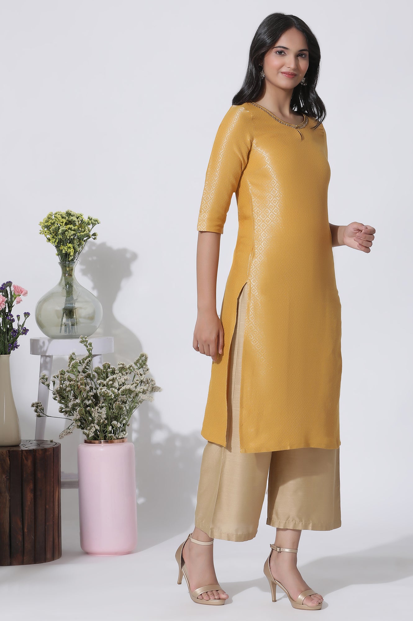 Yellow Cotton Zari Embellished Kurta And Parallel Pants Set