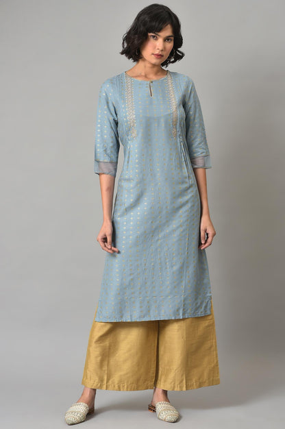 Light Blue Embroidered kurta With Gold Parallel Pants - wforwoman