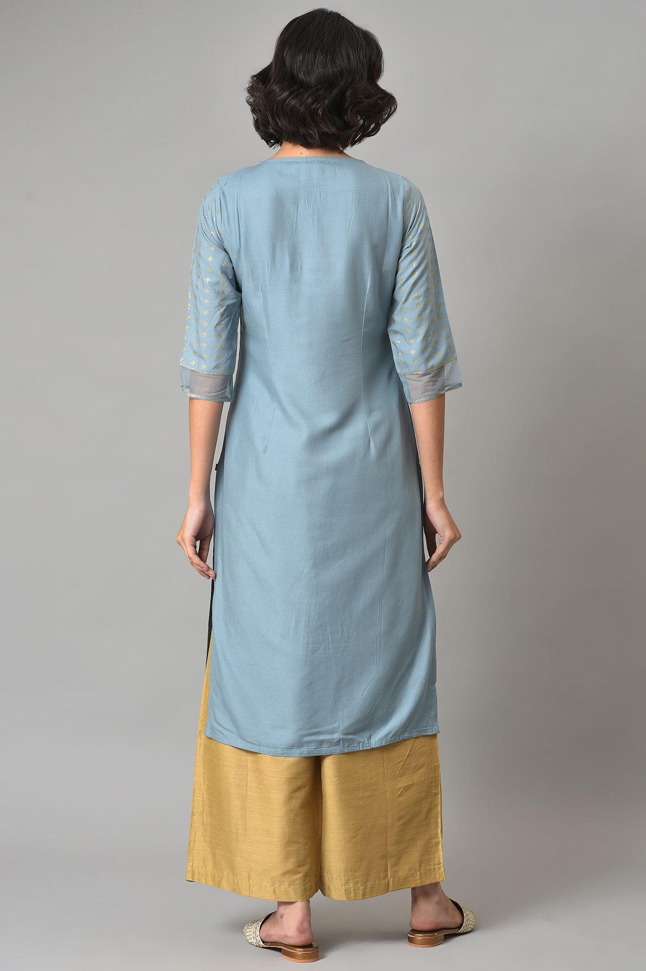 Light Blue Embroidered kurta With Gold Parallel Pants - wforwoman