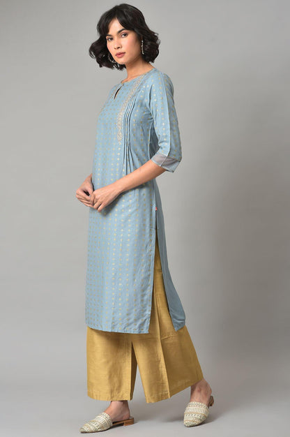 Light Blue Embroidered kurta With Gold Parallel Pants - wforwoman