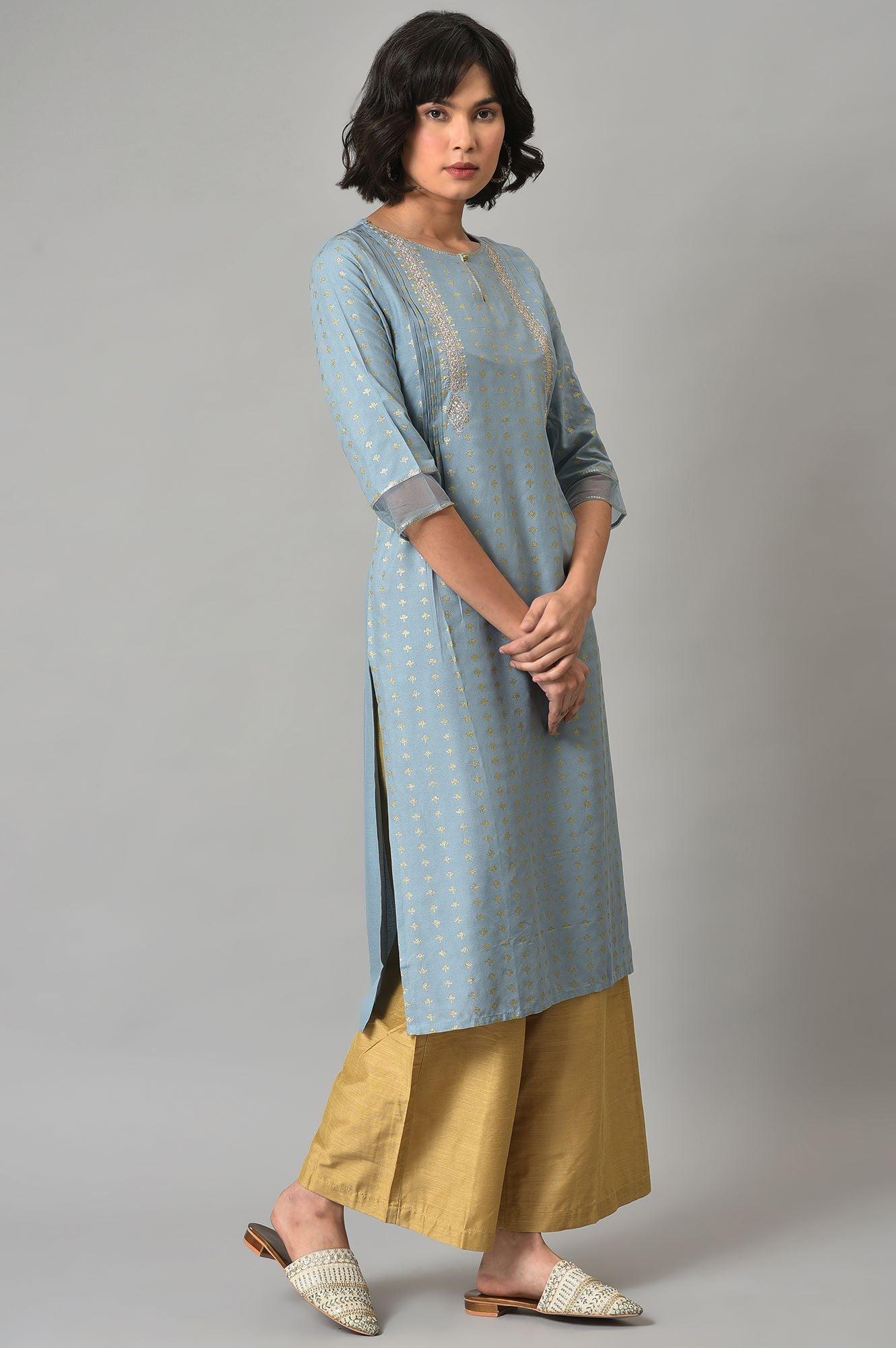 Light Blue Embroidered kurta With Gold Parallel Pants - wforwoman