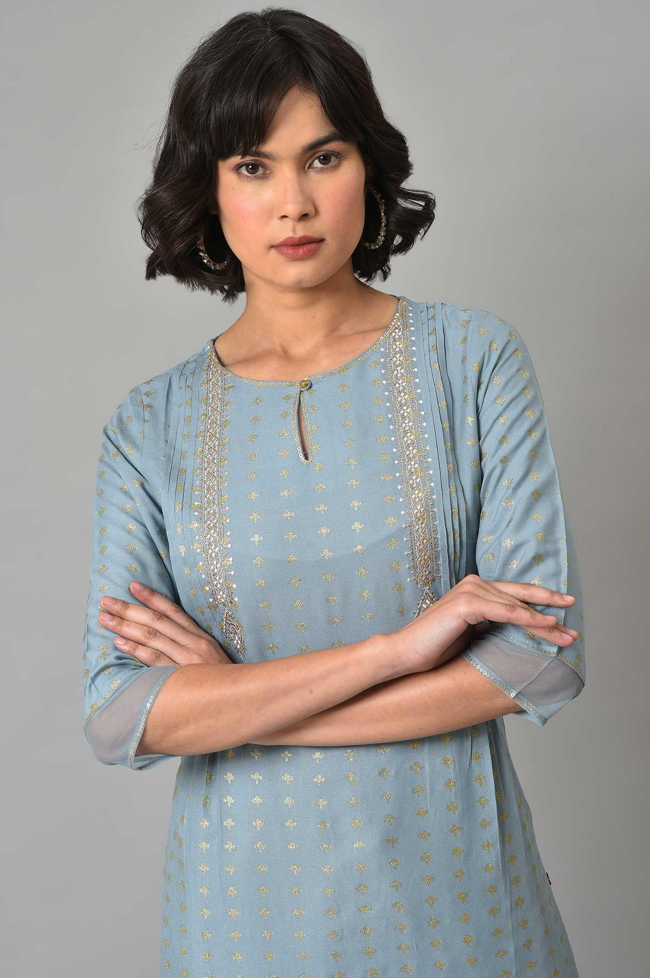 Light Blue Embroidered kurta With Gold Parallel Pants - wforwoman