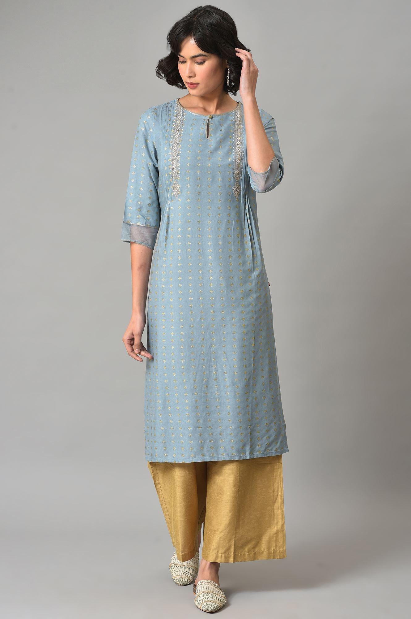 Light Blue Embroidered kurta With Gold Parallel Pants - wforwoman