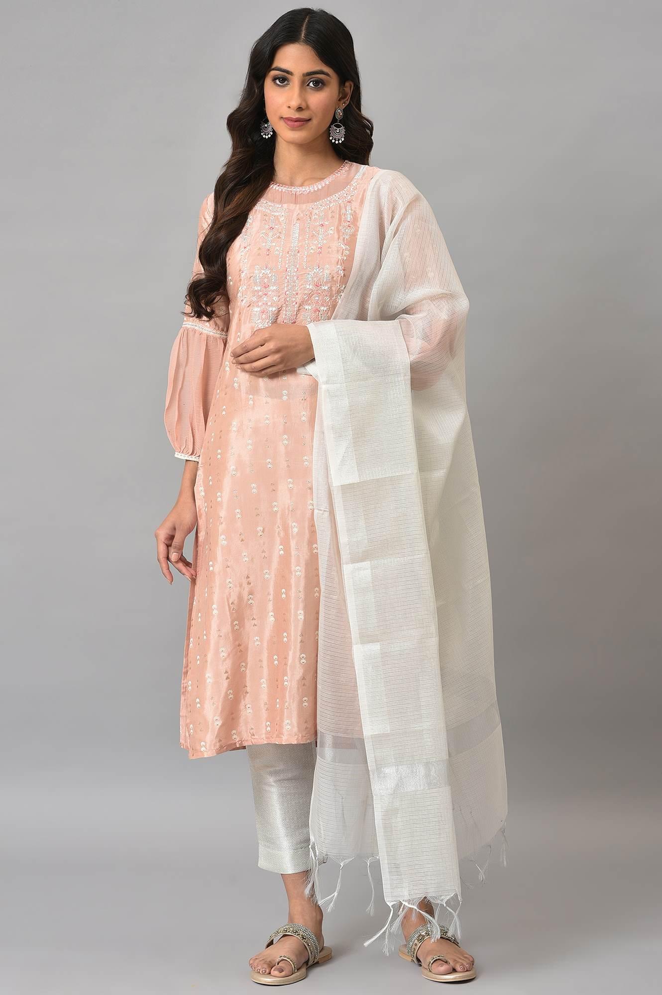 Peach Shantung Embroidered kurta With Silver Slim Pants And Kota Dupatta - wforwoman