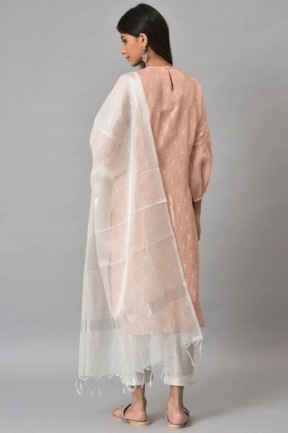 Peach Shantung Embroidered kurta With Silver Slim Pants And Kota Dupatta - wforwoman