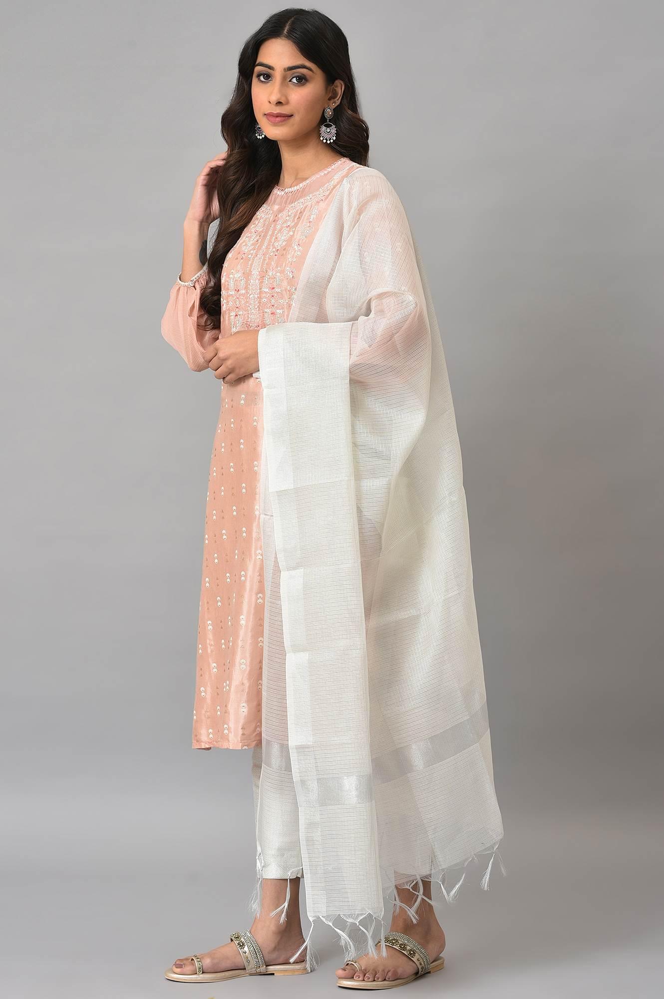 Peach Shantung Embroidered kurta With Silver Slim Pants And Kota Dupatta - wforwoman