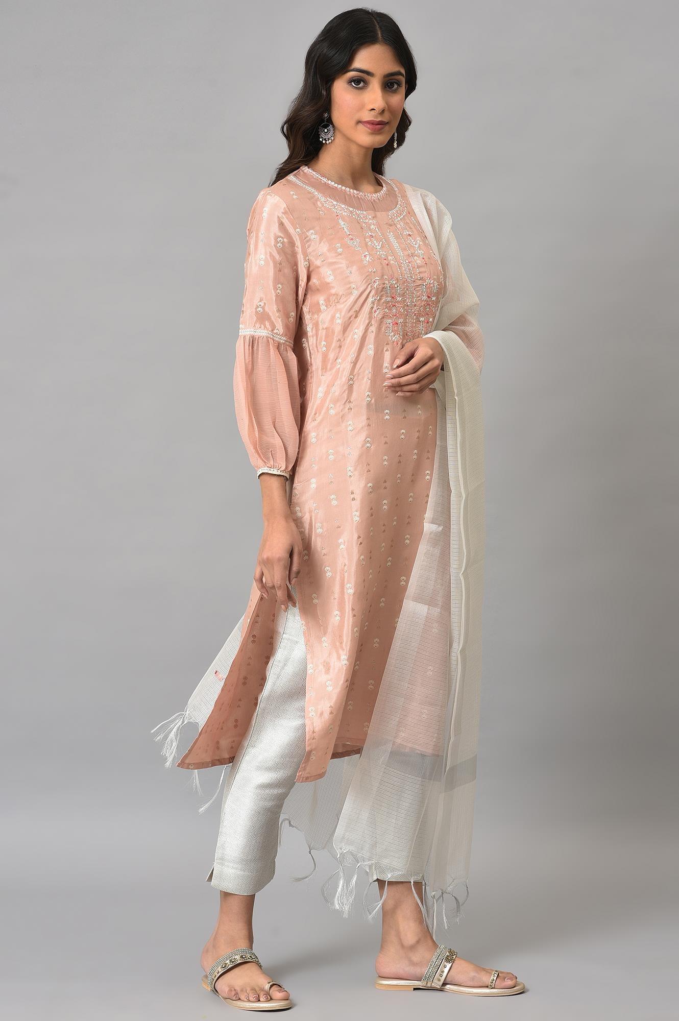 Peach Shantung Embroidered kurta With Silver Slim Pants And Kota Dupatta - wforwoman