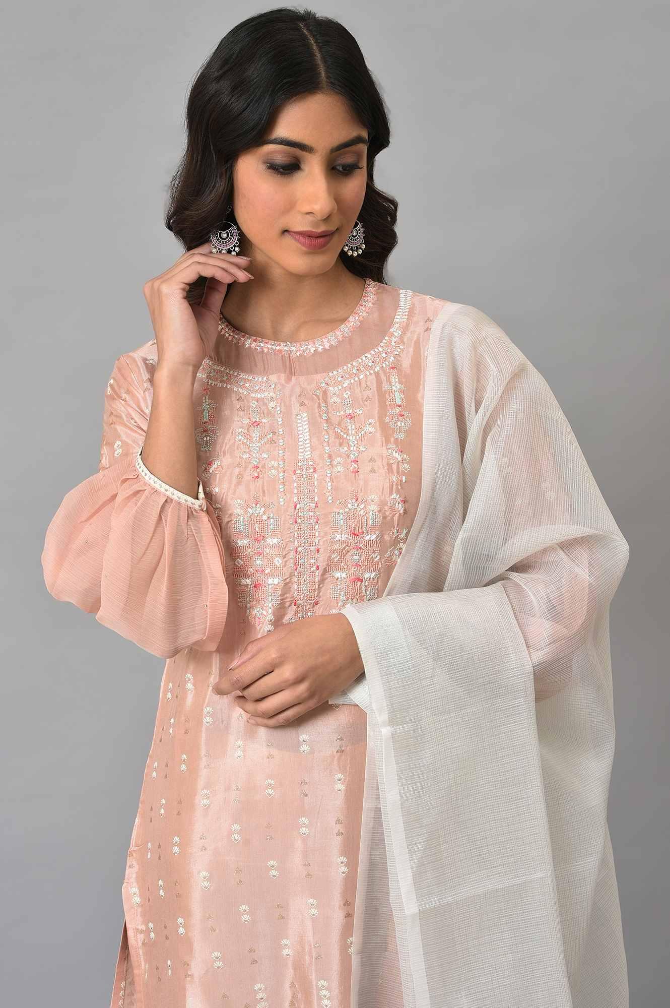 Peach Shantung Embroidered kurta With Silver Slim Pants And Kota Dupatta - wforwoman