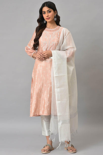 Peach Shantung Embroidered kurta With Silver Slim Pants And Kota Dupatta - wforwoman