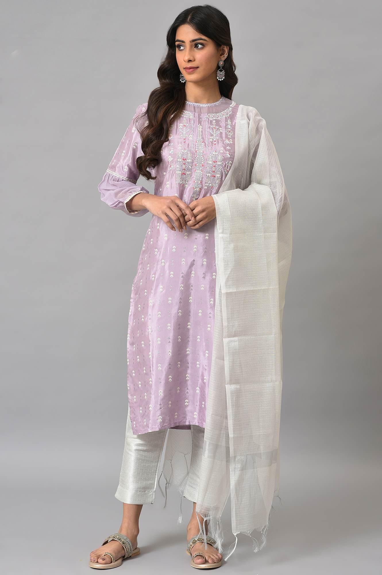 Lavender Shantung Embroidered kurta With Silver Slim Pants And Kota Dupatta - wforwoman