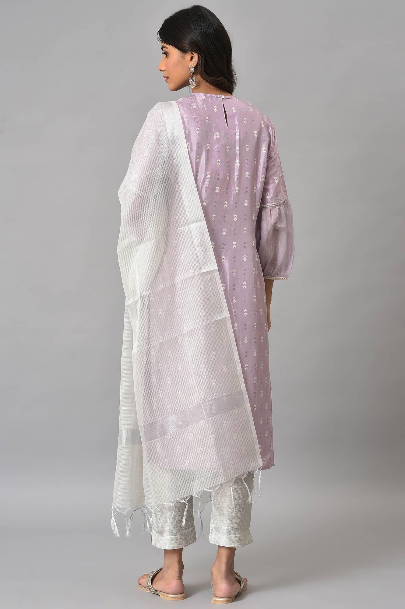 Lavender Shantung Embroidered kurta With Silver Slim Pants And Kota Dupatta - wforwoman