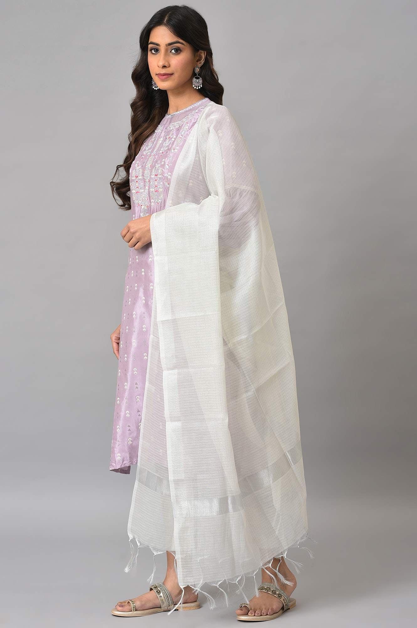 Lavender Shantung Embroidered kurta With Silver Slim Pants And Kota Dupatta - wforwoman