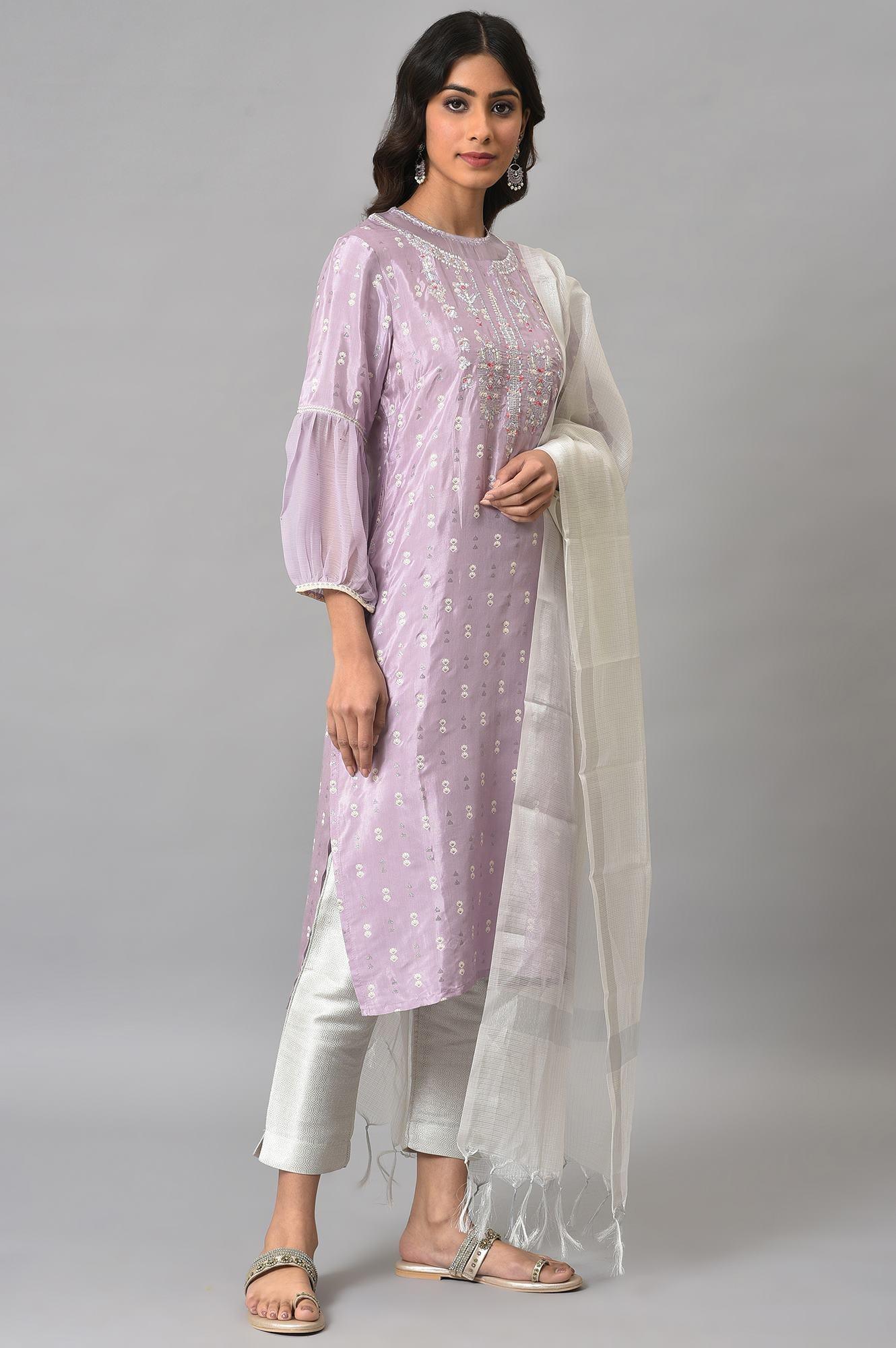 Lavender Shantung Embroidered kurta With Silver Slim Pants And Kota Dupatta - wforwoman