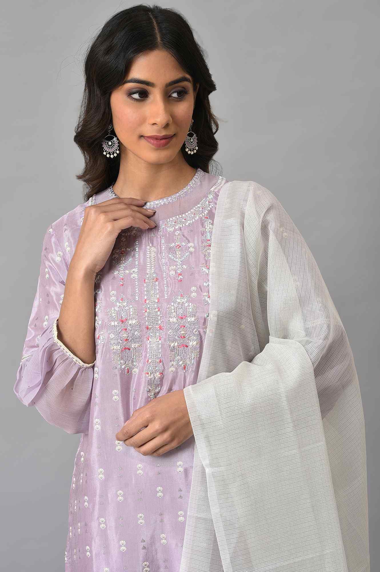 Lavender Shantung Embroidered kurta With Silver Slim Pants And Kota Dupatta - wforwoman