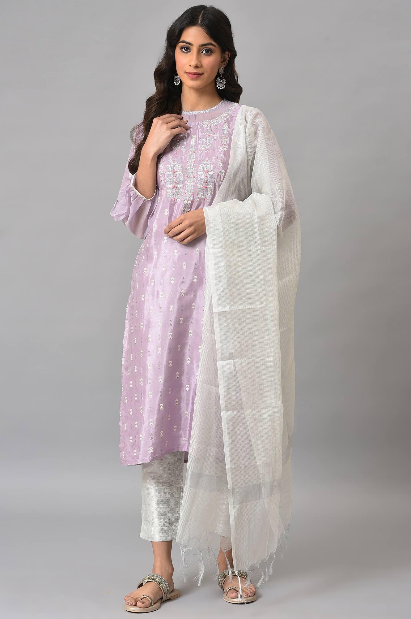 Lavender Shantung Embroidered kurta With Silver Slim Pants And Kota Dupatta - wforwoman