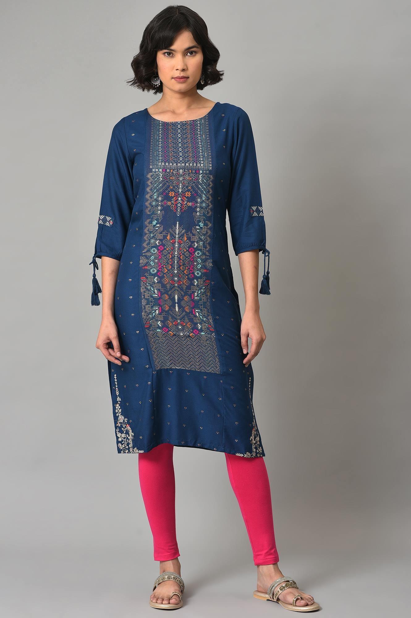 Blue Printed kurta With Pink Tights - wforwoman