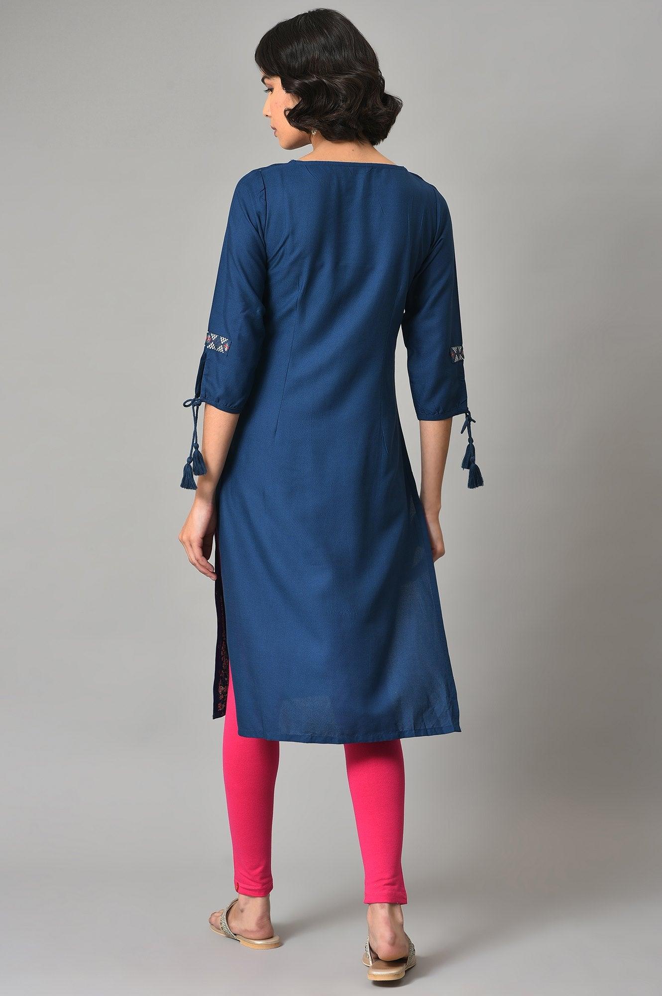 Blue Printed kurta With Pink Tights - wforwoman