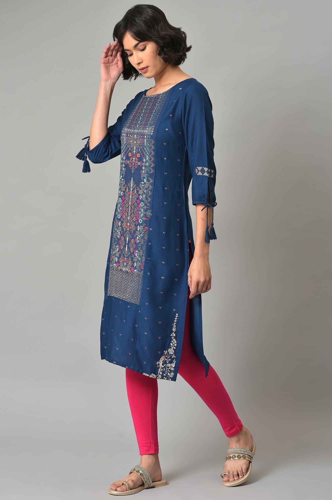 Blue Printed kurta With Pink Tights - wforwoman