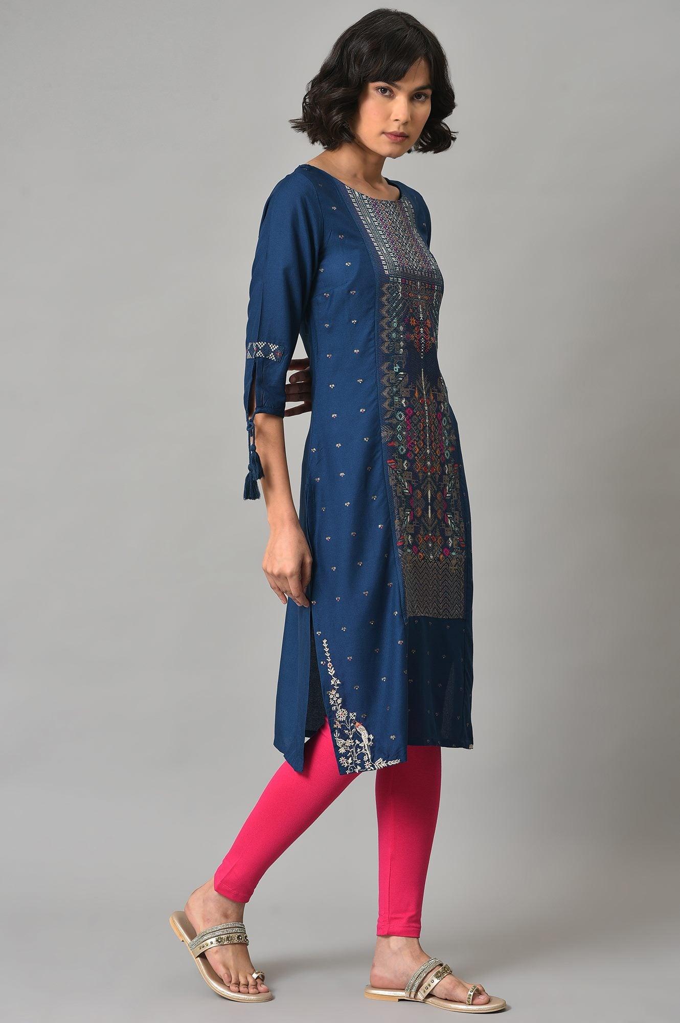 Blue Printed kurta With Pink Tights - wforwoman