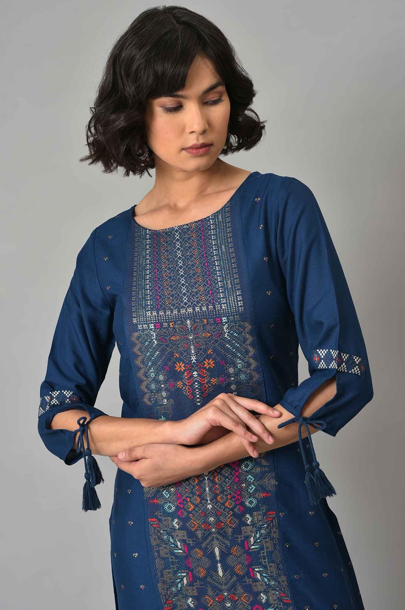 Blue Printed kurta With Pink Tights - wforwoman