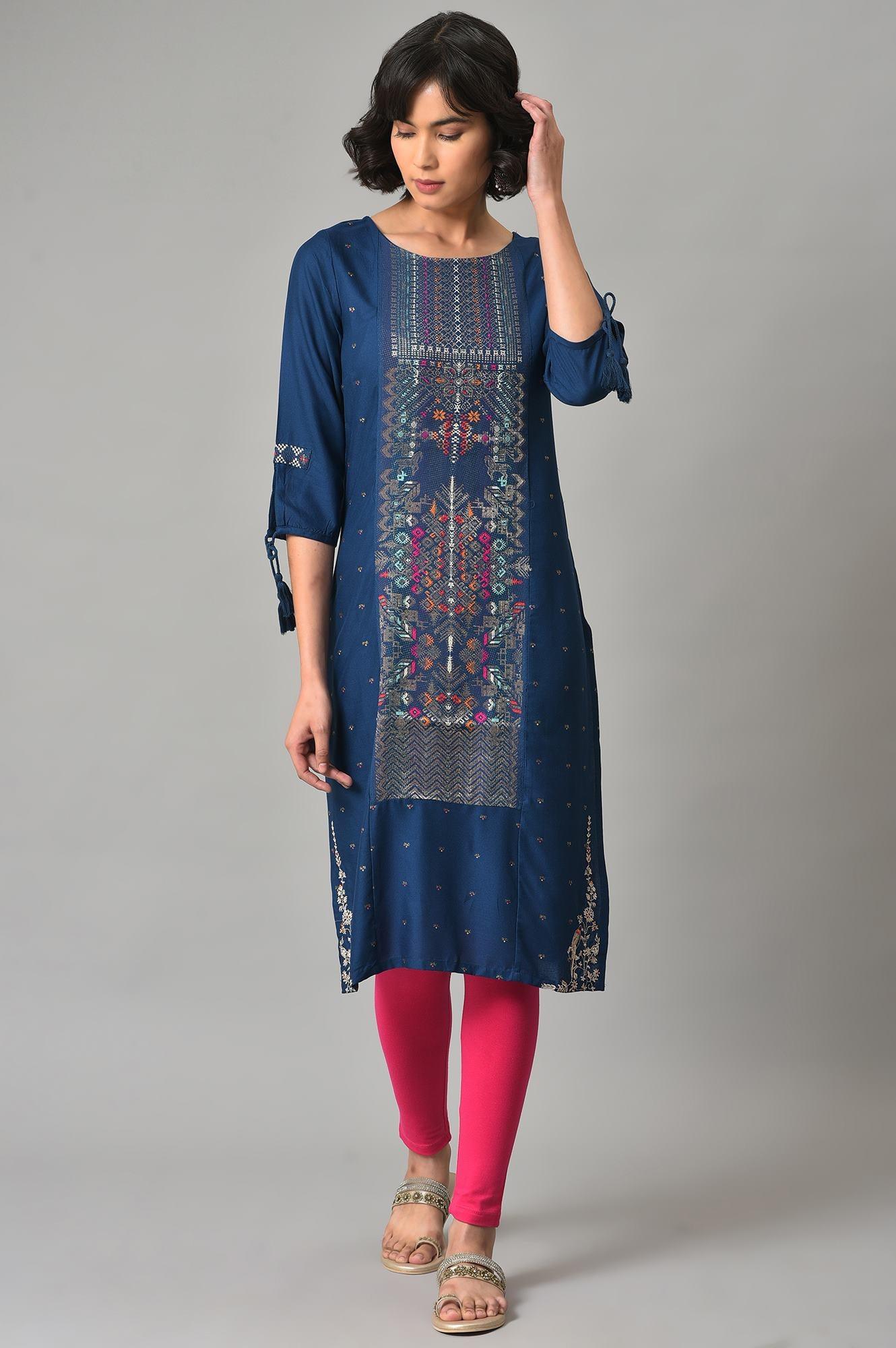 Blue Printed kurta With Pink Tights - wforwoman