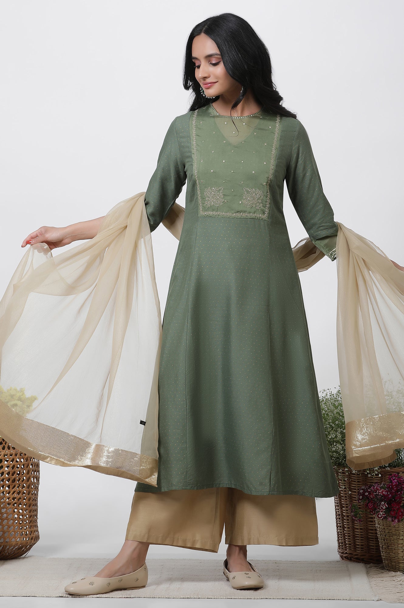 Green A-Line Embroidered Kurta, Parallel Pants And Dupatta Set