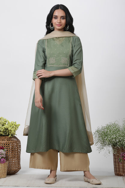 Green A-Line Embroidered Kurta, Parallel Pants And Dupatta Set