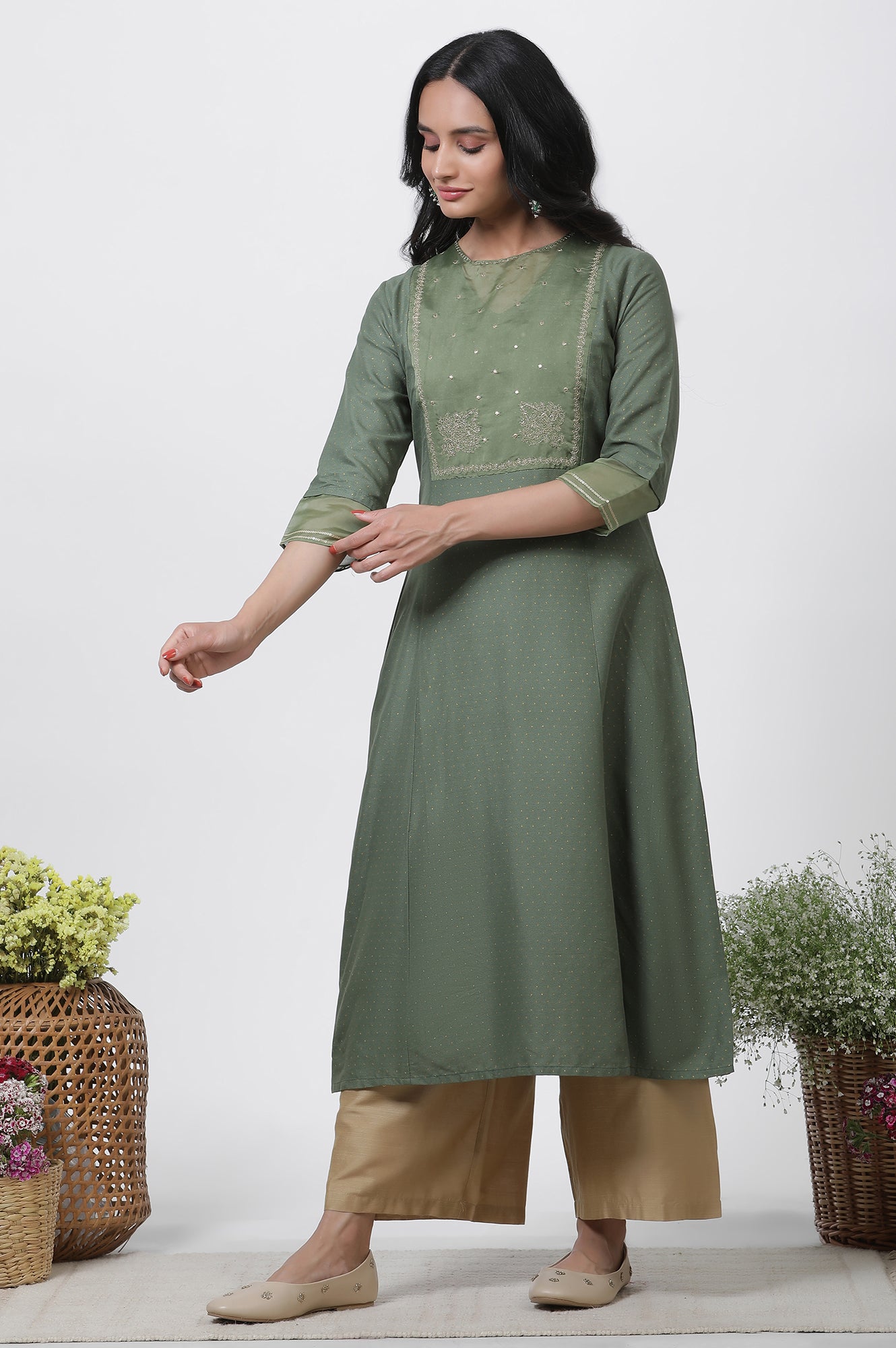 Green A-Line Embroidered Kurta, Parallel Pants And Dupatta Set