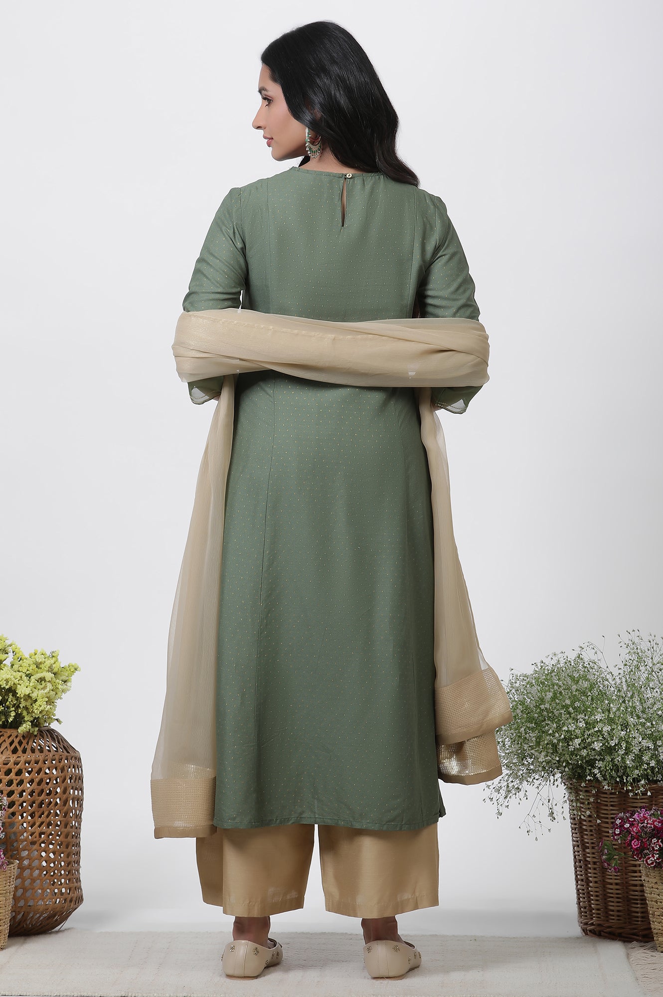 Green A-Line Embroidered Kurta, Parallel Pants And Dupatta Set