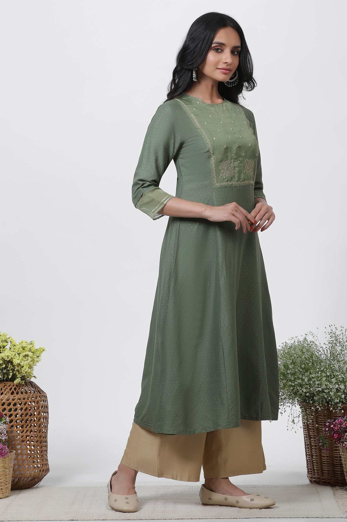 Green A-Line Embroidered Kurta, Parallel Pants And Dupatta Set