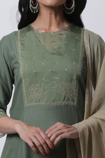 Green A-Line Embroidered Kurta, Parallel Pants And Dupatta Set