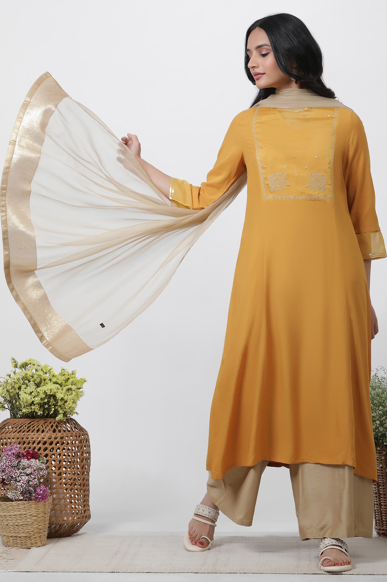 Yellow A-Line Embroidered Kurta, Parallel Pants And Dupatta Set