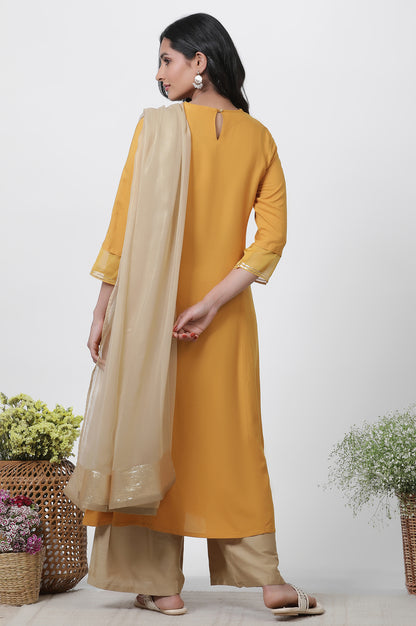 Yellow A-Line Embroidered Kurta, Parallel Pants And Dupatta Set