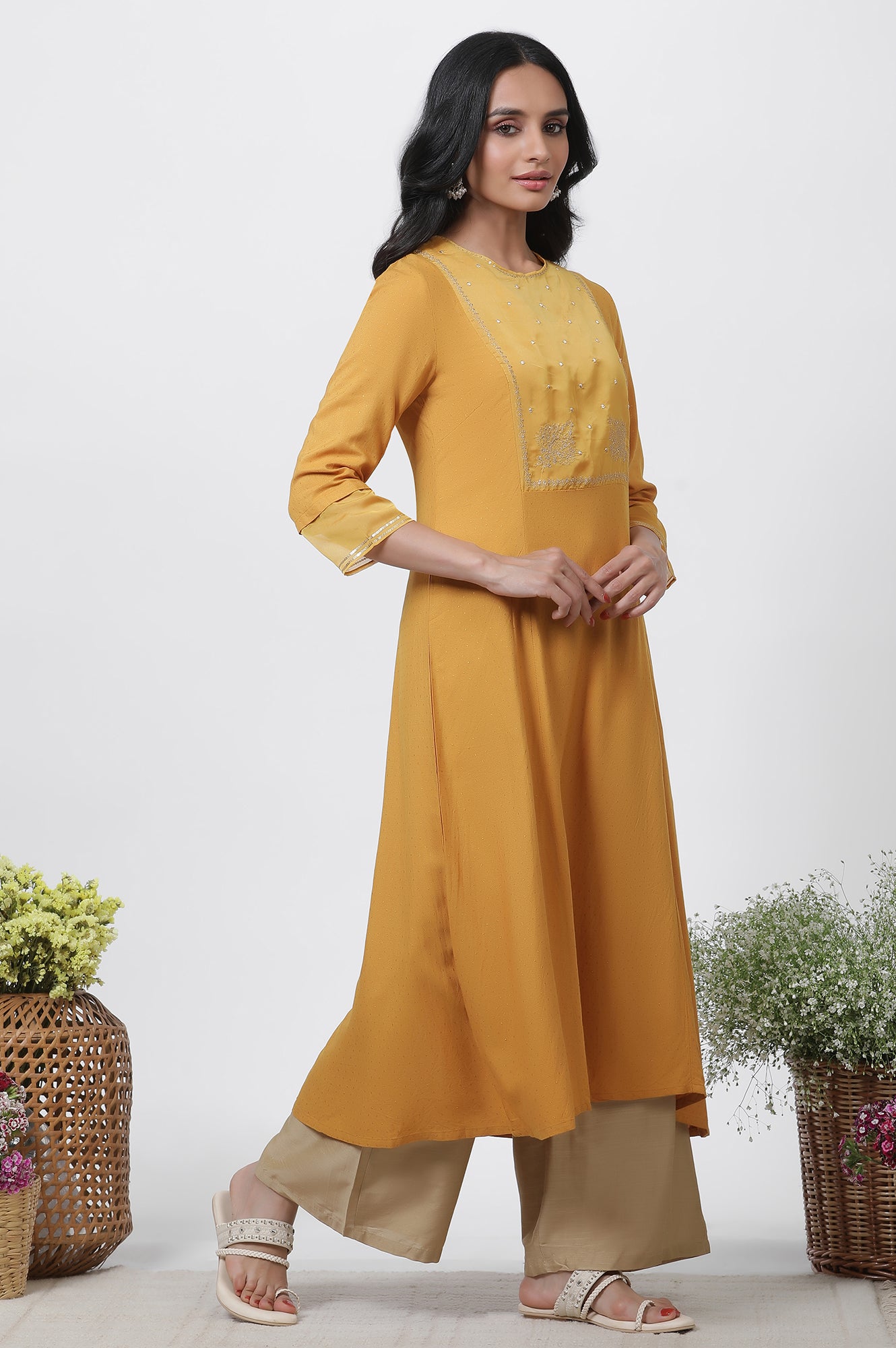Yellow A-Line Embroidered Kurta, Parallel Pants And Dupatta Set