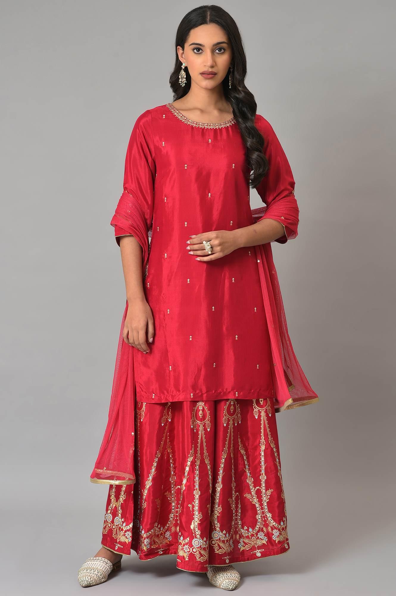 Red Embroidered Festive kurta With Culottes And Mesh Dupatta - wforwoman