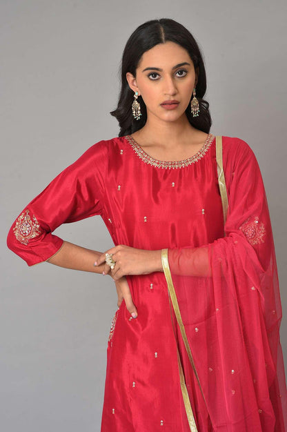 Red Embroidered Festive kurta With Culottes And Mesh Dupatta - wforwoman