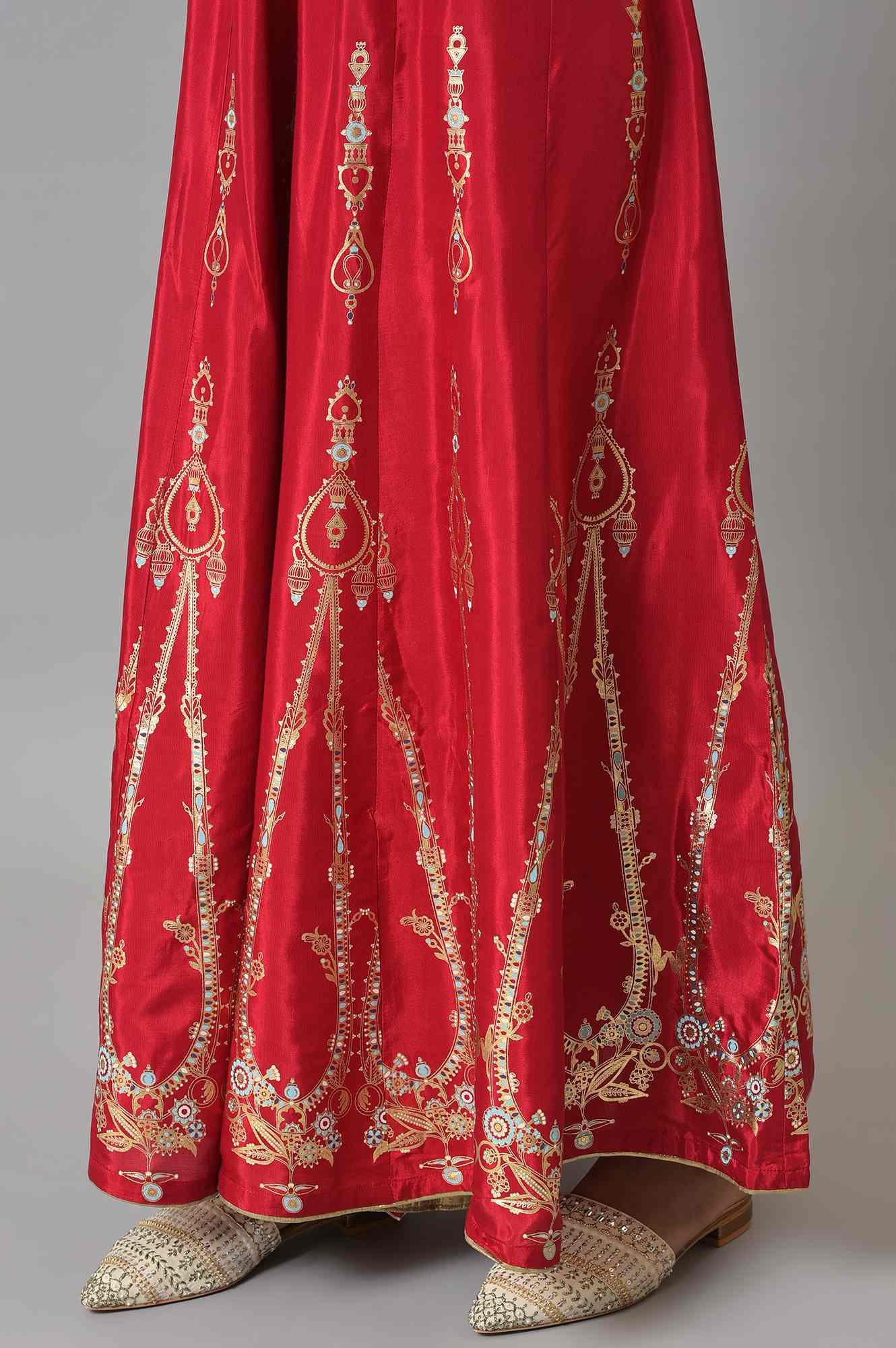 Red Embroidered Festive kurta With Culottes And Mesh Dupatta - wforwoman