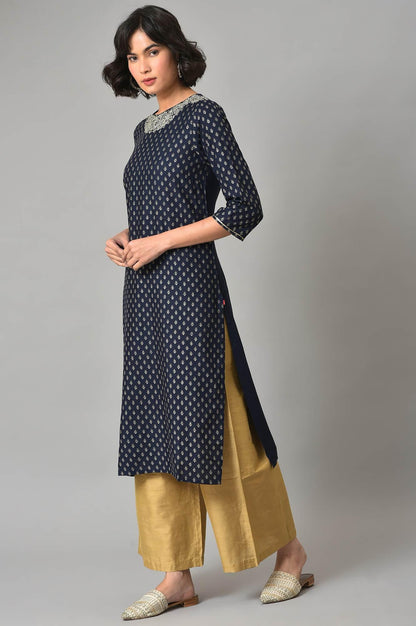 Navy Blue Embroidered kurta With Golden Parallel Pants - wforwoman