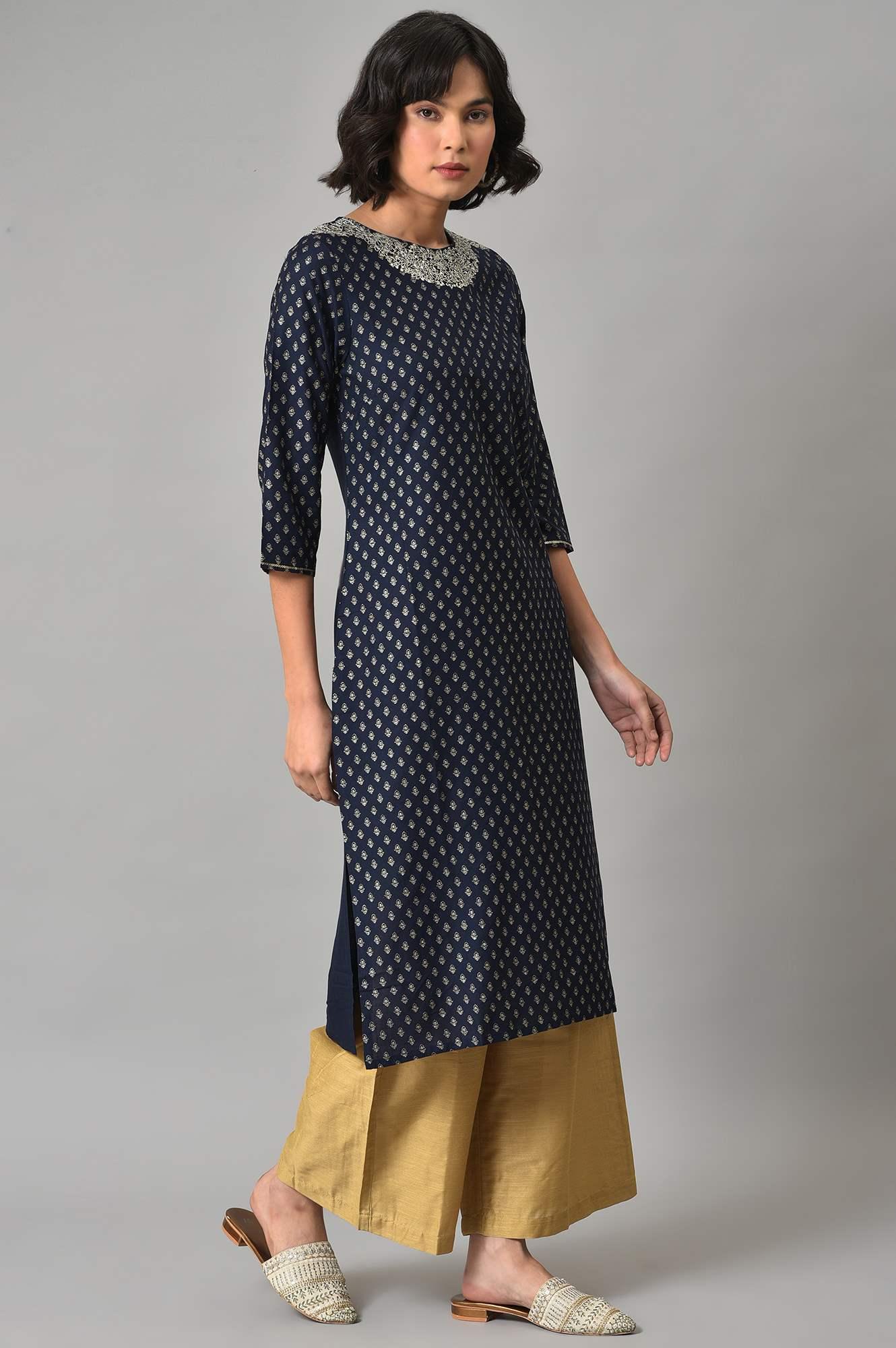 Navy Blue Embroidered kurta With Golden Parallel Pants - wforwoman