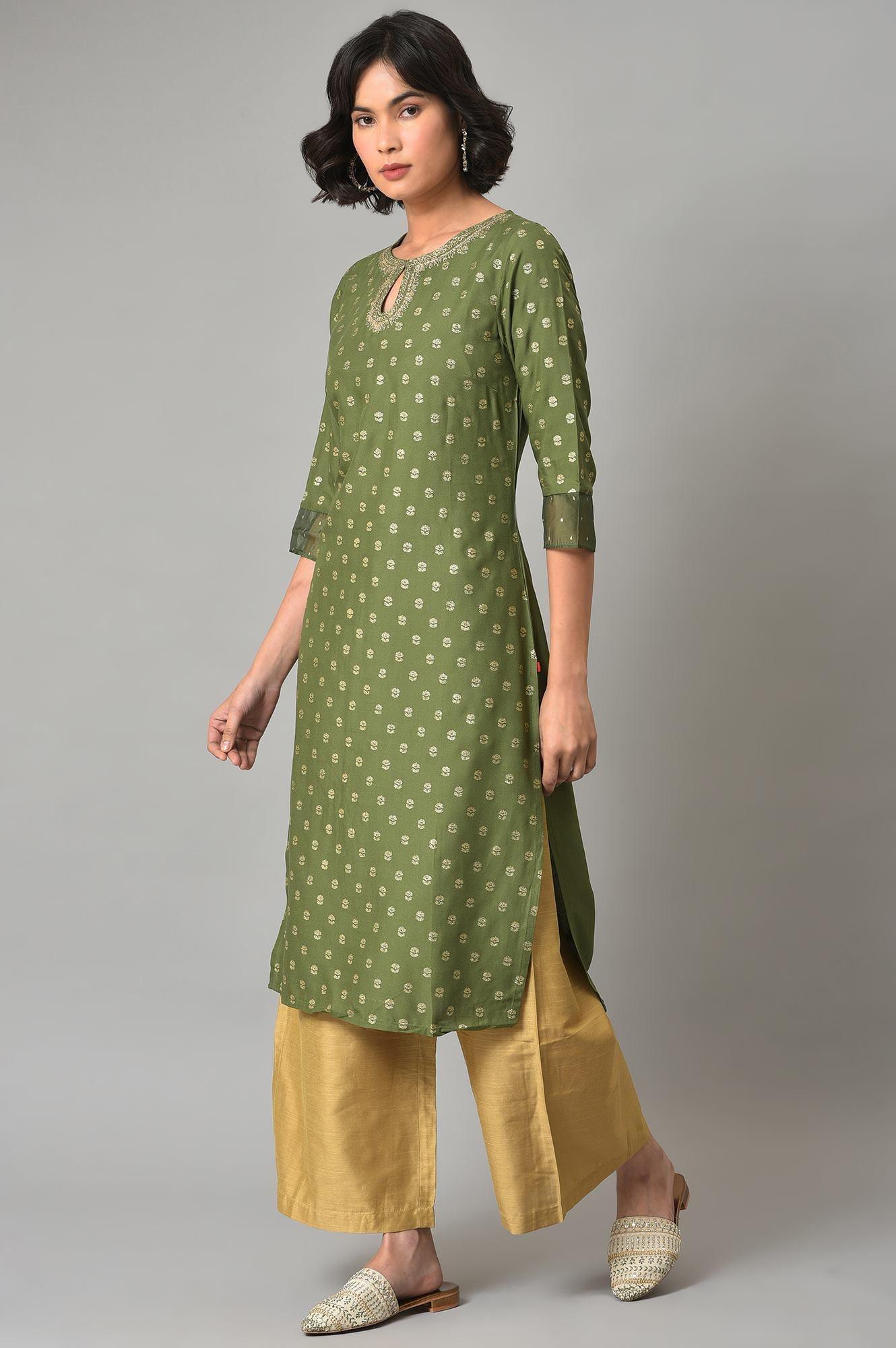 Olive Green Embroidered kurta With Gold Parallel Pants - wforwoman