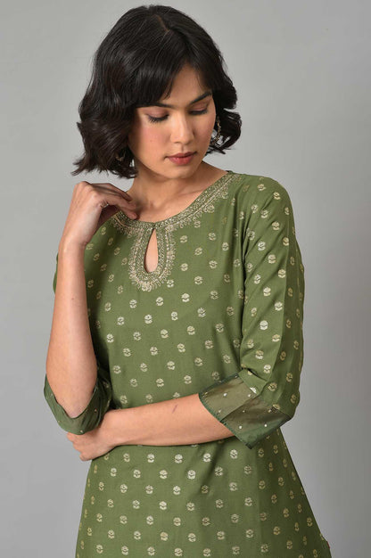 Olive Green Embroidered kurta With Gold Parallel Pants - wforwoman